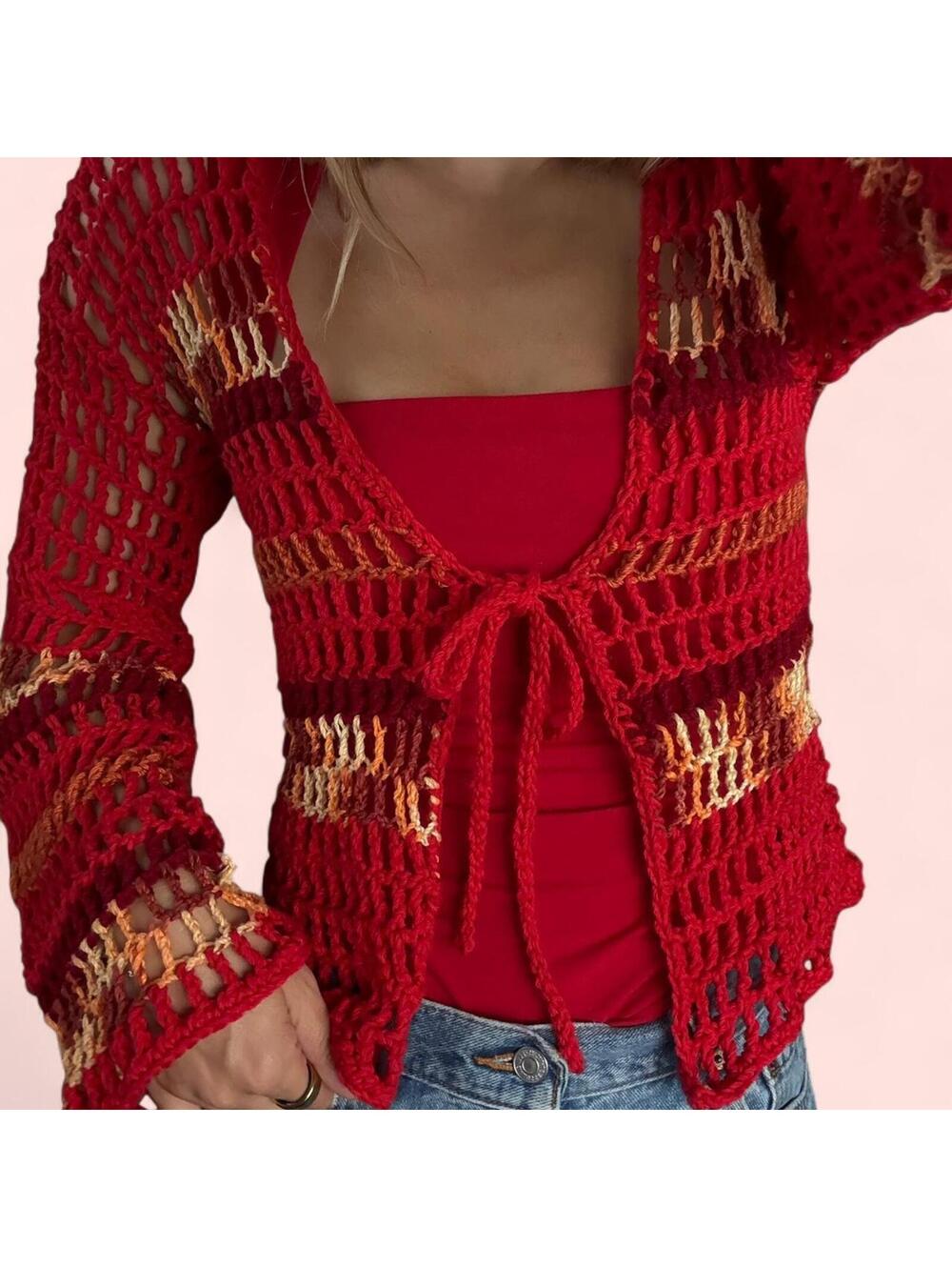 Handmade one of a Kind Crochet Cardigan in shades of red, orange and yellow
